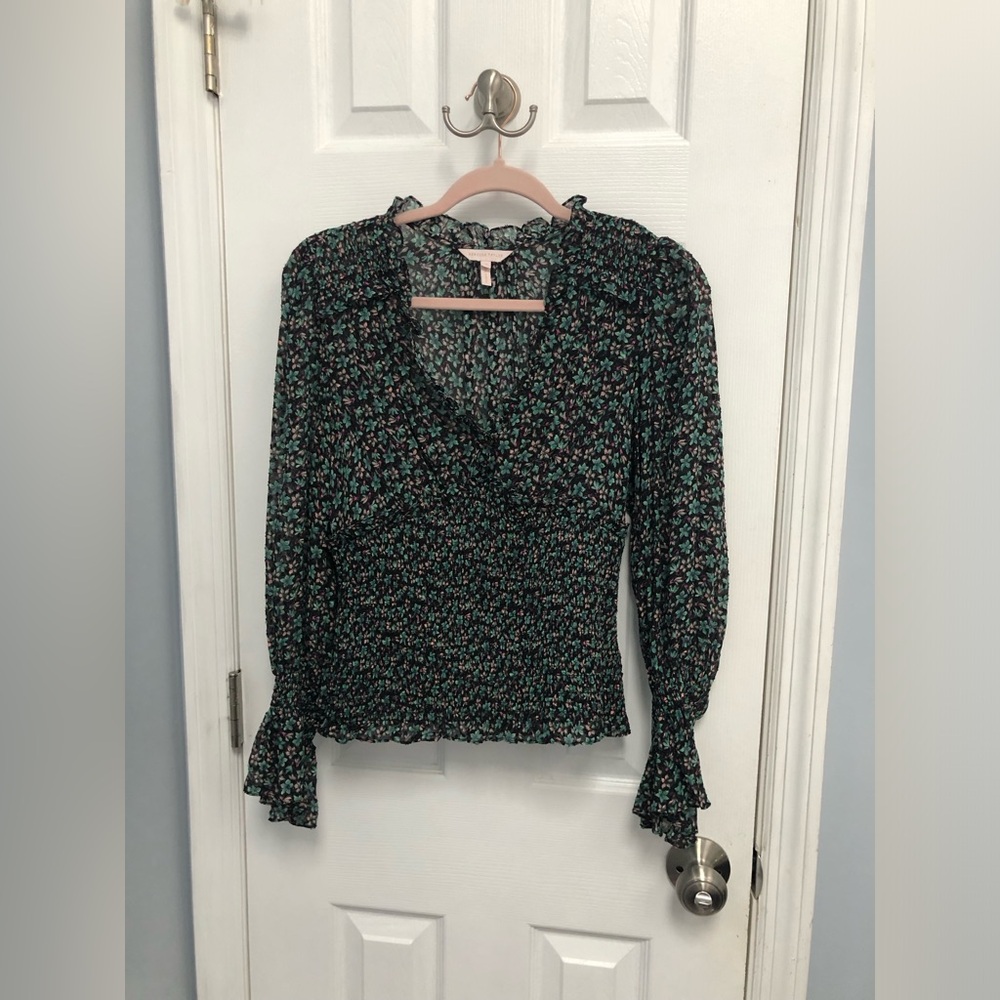 Rebecca Taylor Womens Silk Blend Floral Smocked Blouse Boho Romantic Bell Med